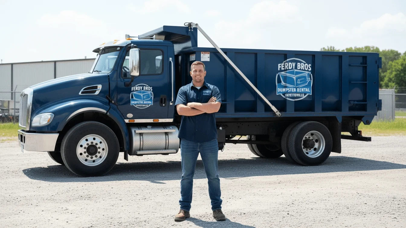 A Ferdy Bros Dumpster Rental Fayetteville roll-off truck staged at a Fayetteville, AR jobsite