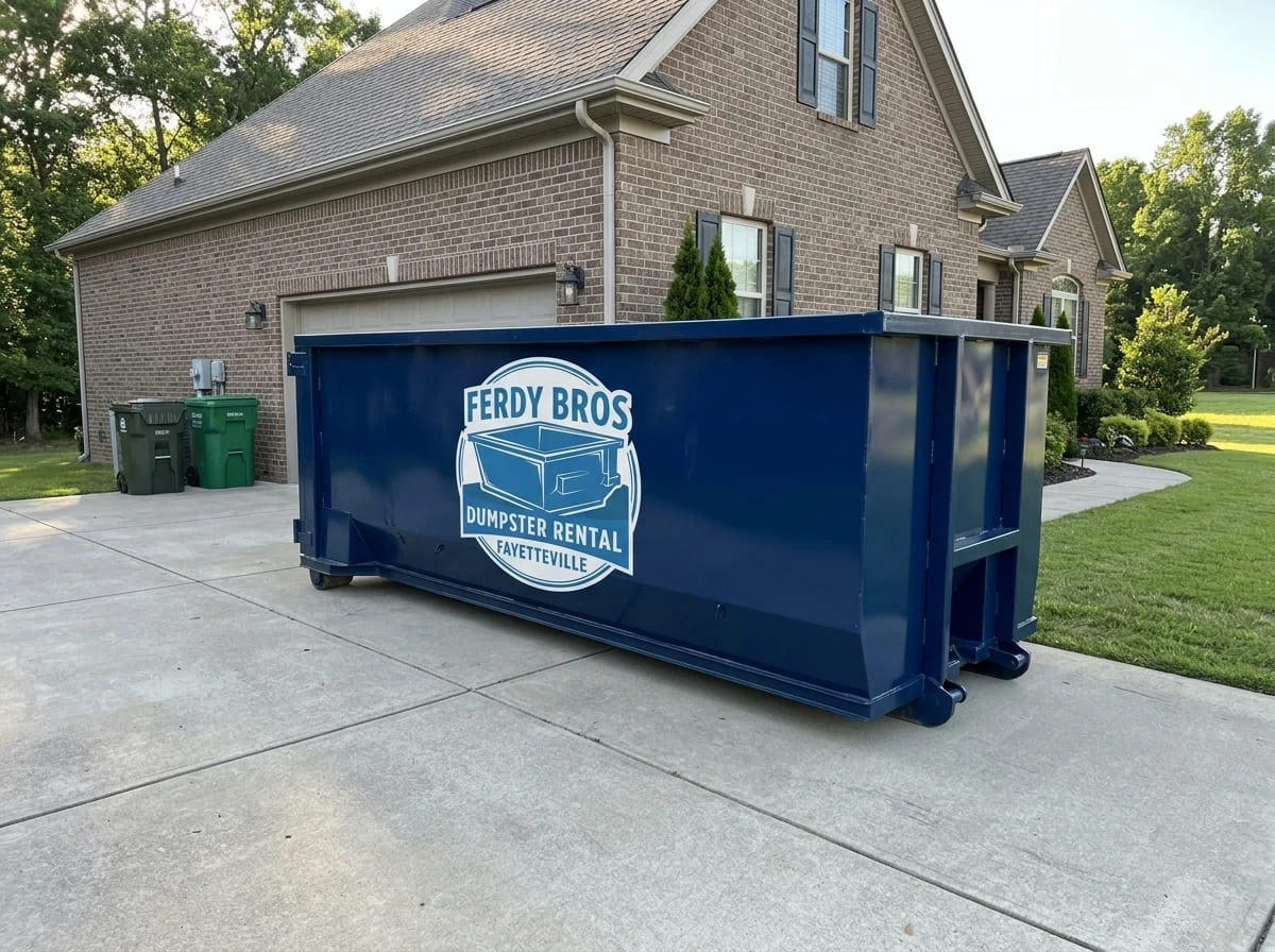 Local dumpster rental in Fayetteville Ferdy Bros Dumpster Rental Fayetteville roll-off dumpster delivered to a residential driveway in Fayetteville, AR
