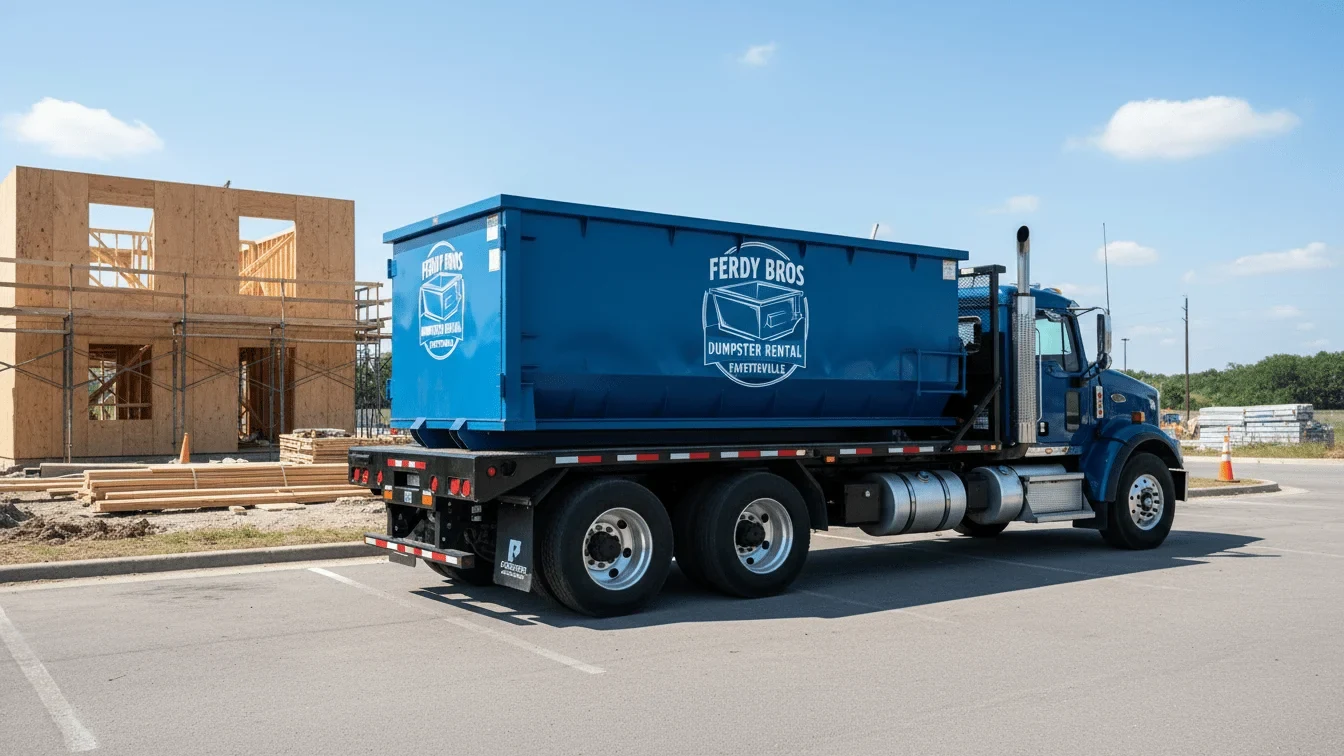 Loaded roll-off dumpster and tonnage weight Roll-off dumpster loaded on a truck near Fayetteville, AR